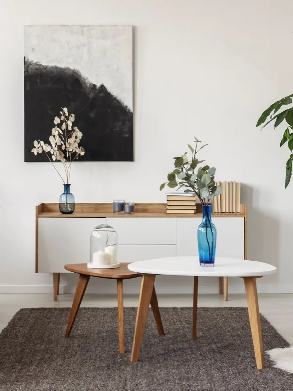 Scandinavian-inspired living room with warm wood tones and blue accents